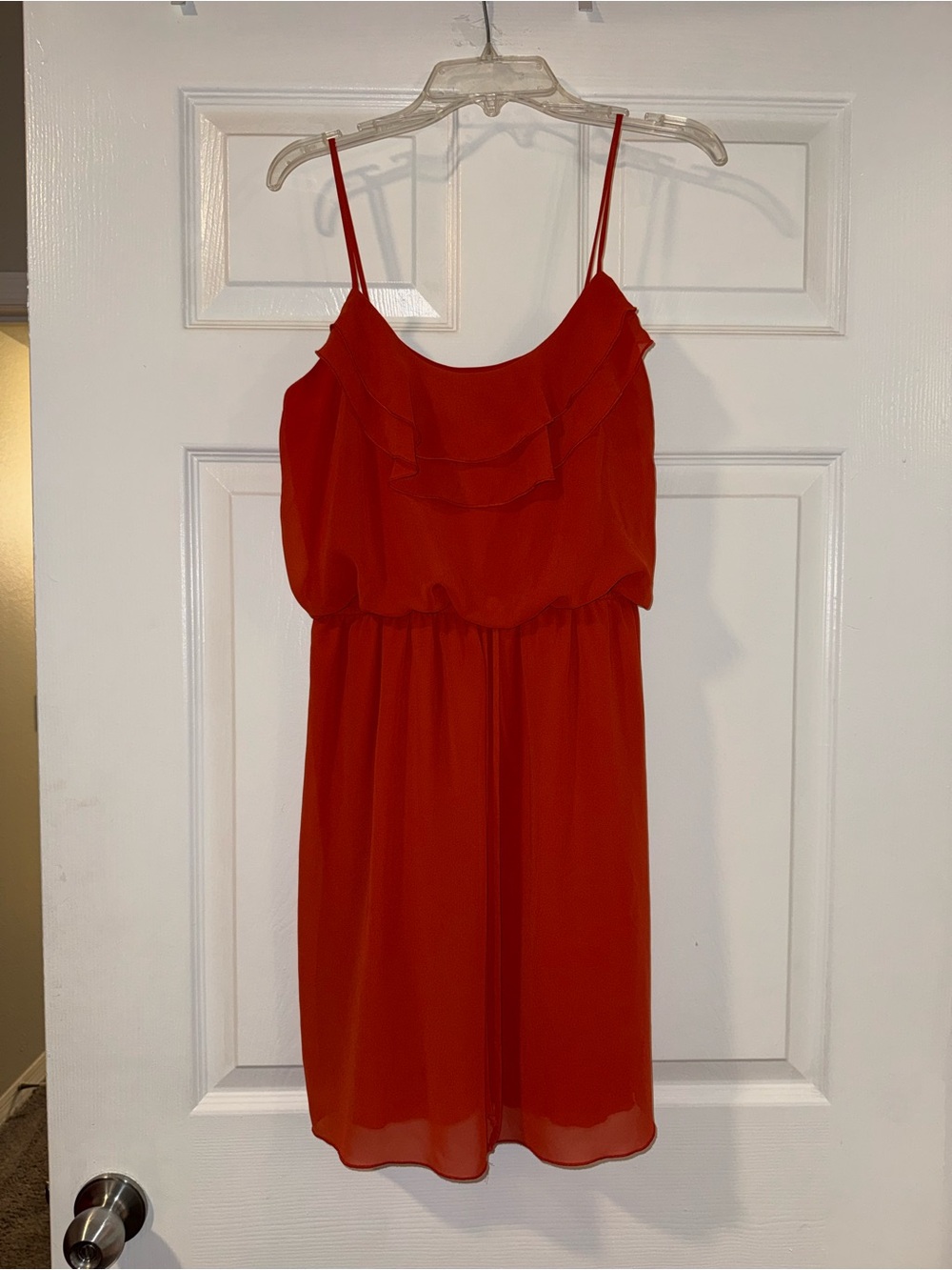 Flowy Burnt Orange Spaghetti Strap Ruffle Chiffon Mini Dress - Size L 🧡